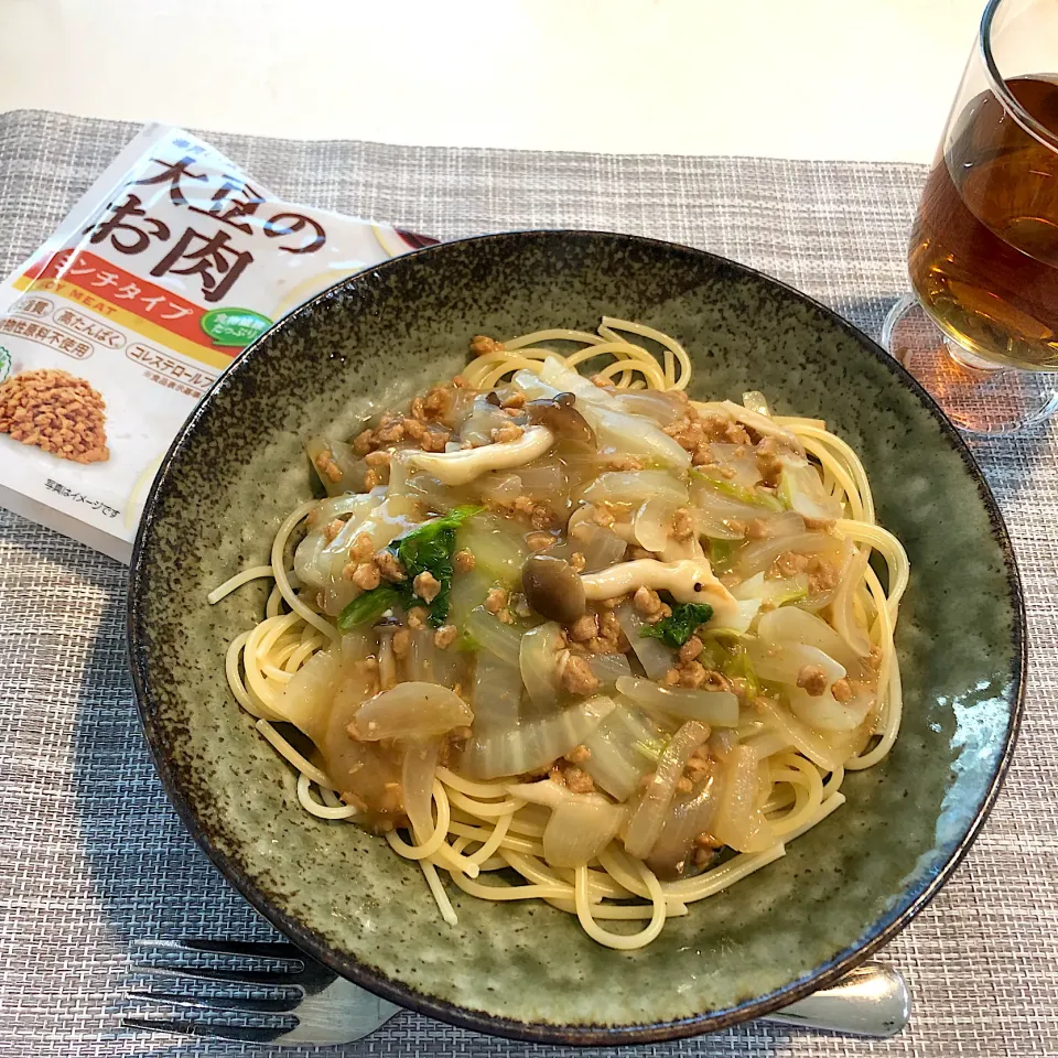 マルコメさんの大豆ミートであんかけパスタ🍝|まりごんさん