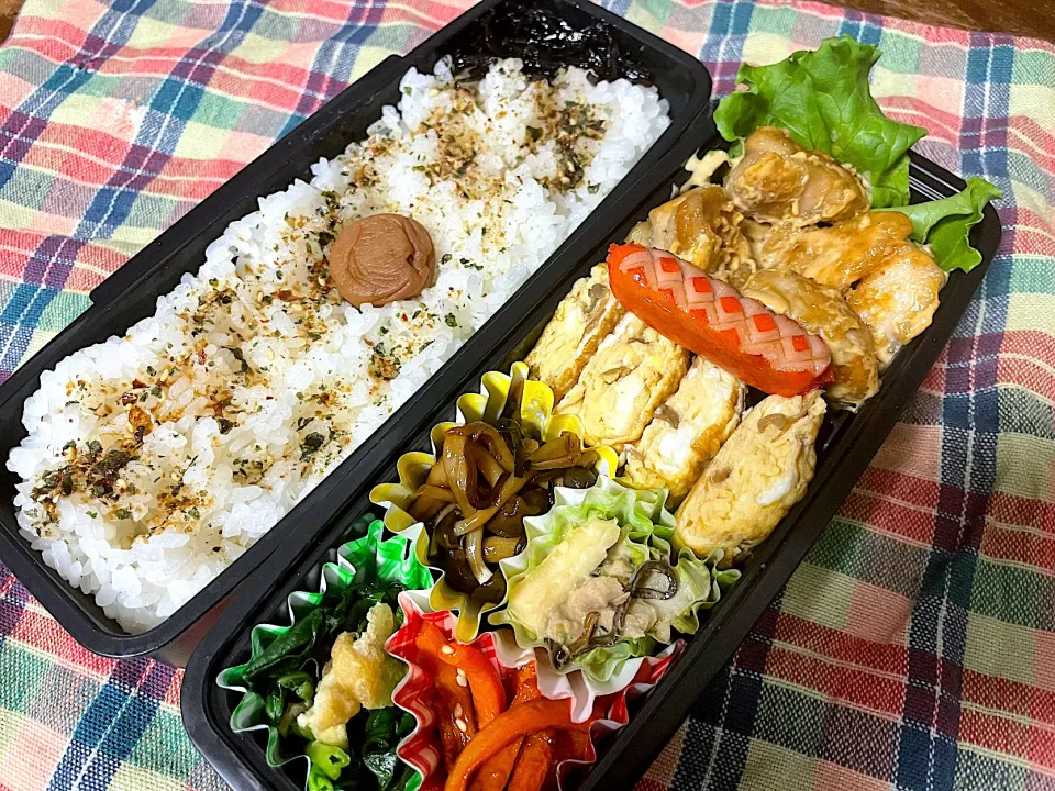 お弁当★みそマヨチキン、なめたけ卵、ほうれん草と油揚げの楽チン蒸し、にんじんのきんぴら、白菜とツナのサラダ、しめじの塩昆布煮|ハルさん