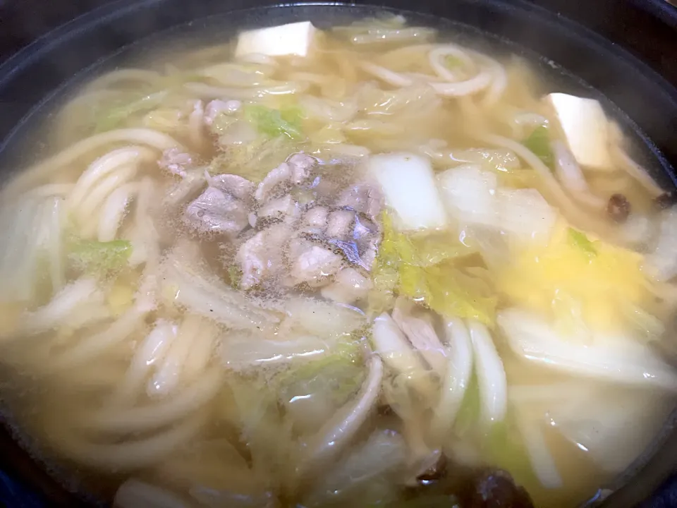 豚肉うどん入り湯豆腐|ばーさんさん