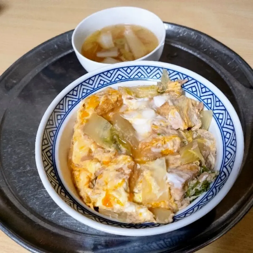 白菜と厚揚げ丼、鶏鍋の残り汁スープ。|ariyo4200さん