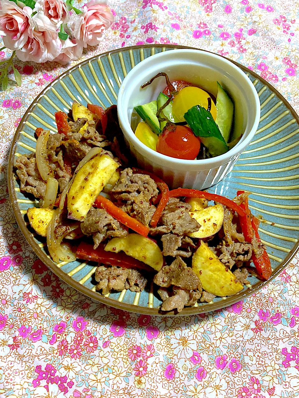 牛肉とさつまいもの粒マスタード炒め🍠