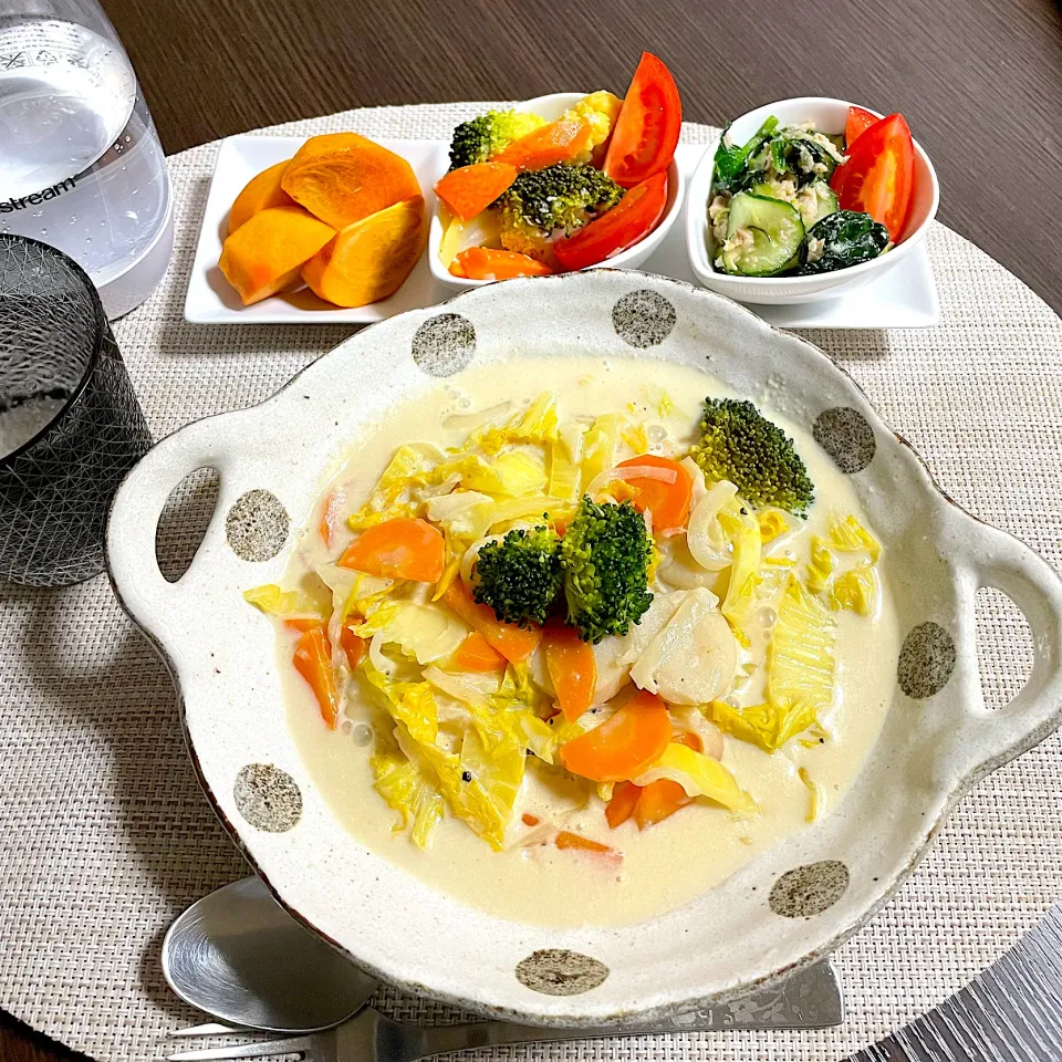 12/5晩ご飯：帆立とオレンジ白菜の豆乳クリーム煮|ななみんさん