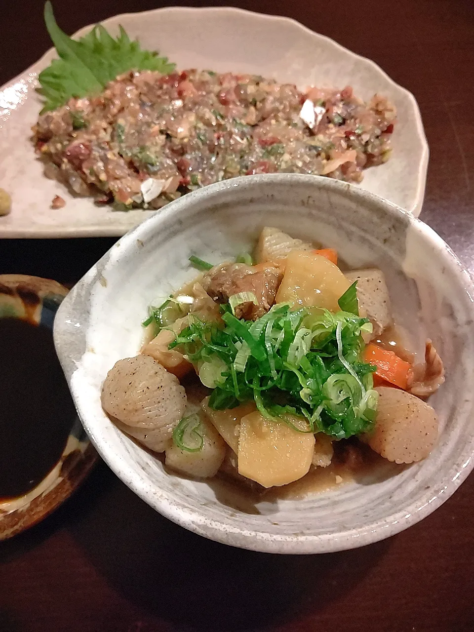 Snapdishの料理写真:鯵なめろう、牛すじ煮込み|ゆかさん