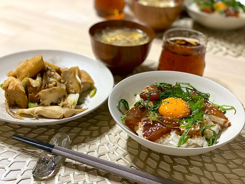 オリーブハマチの漬け丼、厚揚げと白ネギの甘辛炒め|ひろさんとゆりさんさん