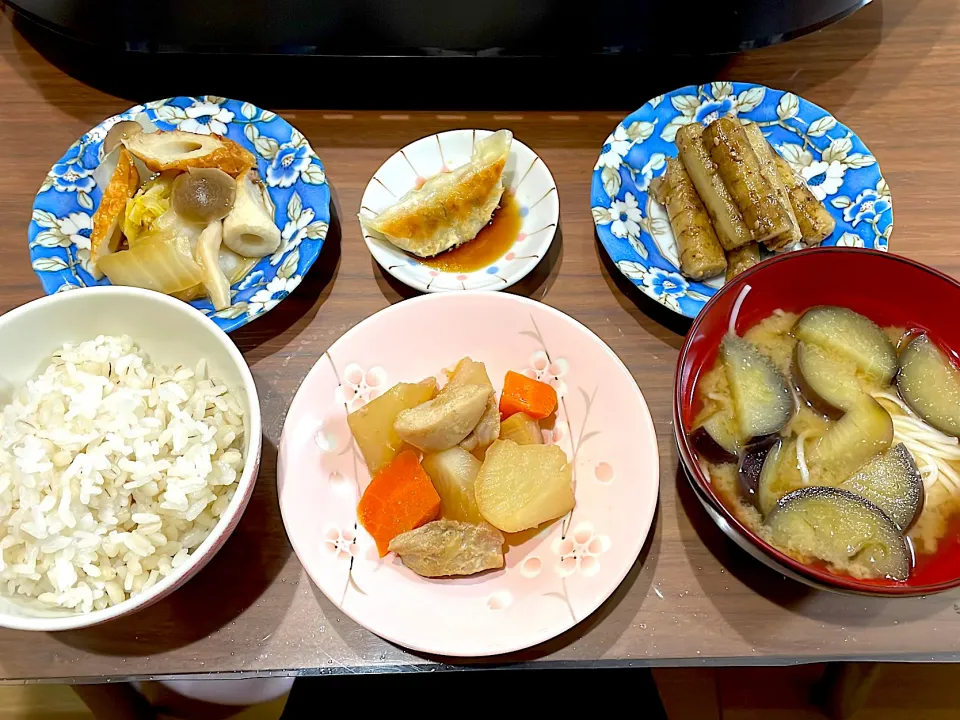 大根と鶏ももの煮物　ナスの煮麺　たたきごぼう　餃子　白菜と竹輪の煮浸し|おさむん17さん