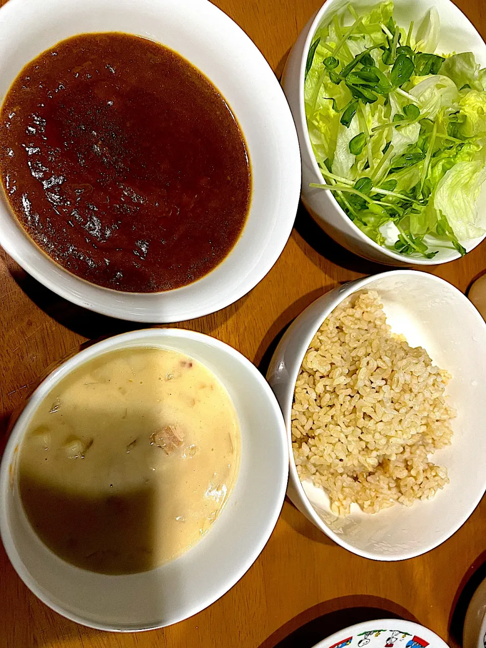 フラガデリカのシリーズで #夕飯　ロウカット玄米ライス、フラガカレー、フラガクラムチャウダー、レタス豆苗サラダ|ms903さん