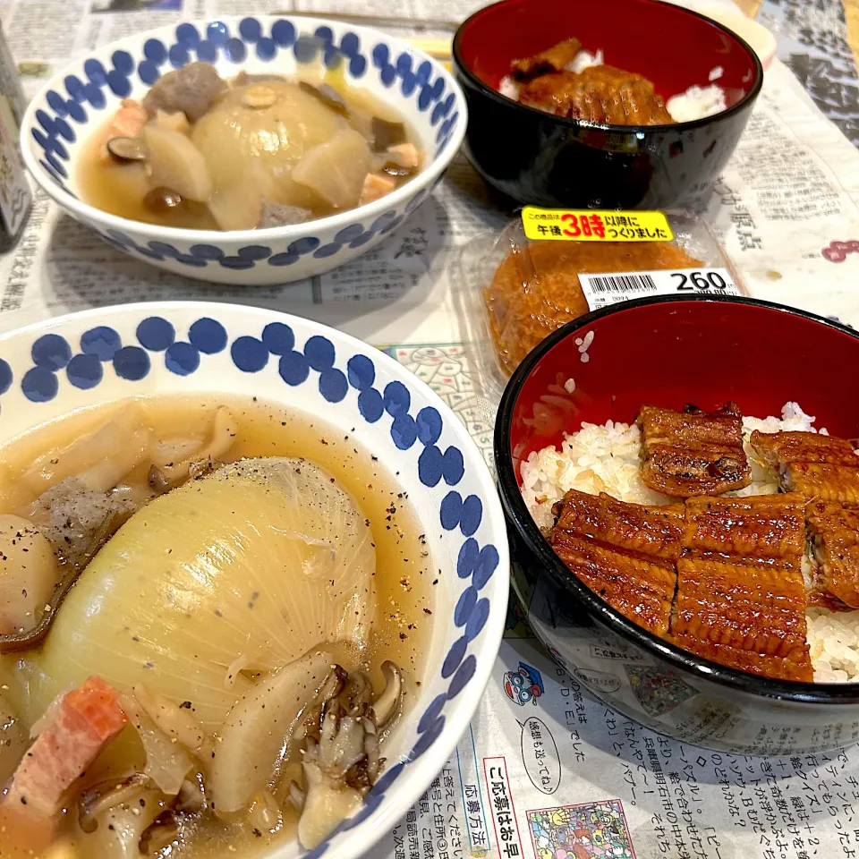 久しぶりに半額のウナギと丸ごと玉ねぎスープ😋|すかラインさん