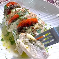 Hasselback pesto chicken breast with Roma tomato and fresh mozzarella|chimpmunkeeさん