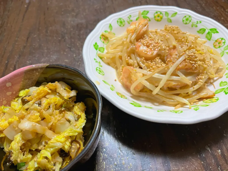 もやしとエビの炒め&白菜の塩昆布和え|みきーさん