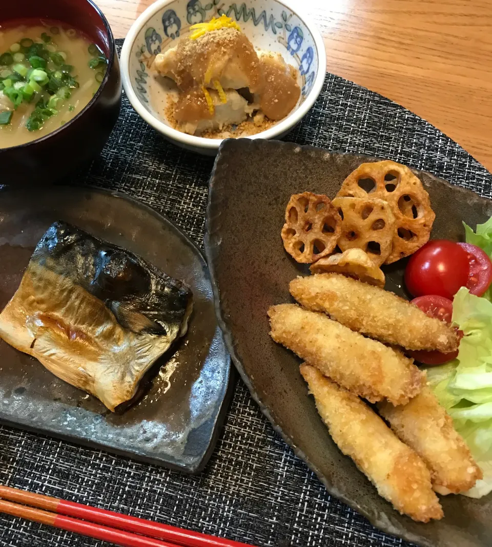 豚紫蘇チーズ巻き、鯖の塩焼き、里芋甘味噌掛け|sobacoさん