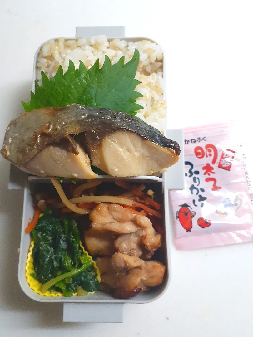 ☆中学生弁当☆玄米入り振りかけごはん、鯵味噌焼き、金平牛蒡、ほうれん草胡麻和え、鶏照焼|ｼｮｺﾗさん