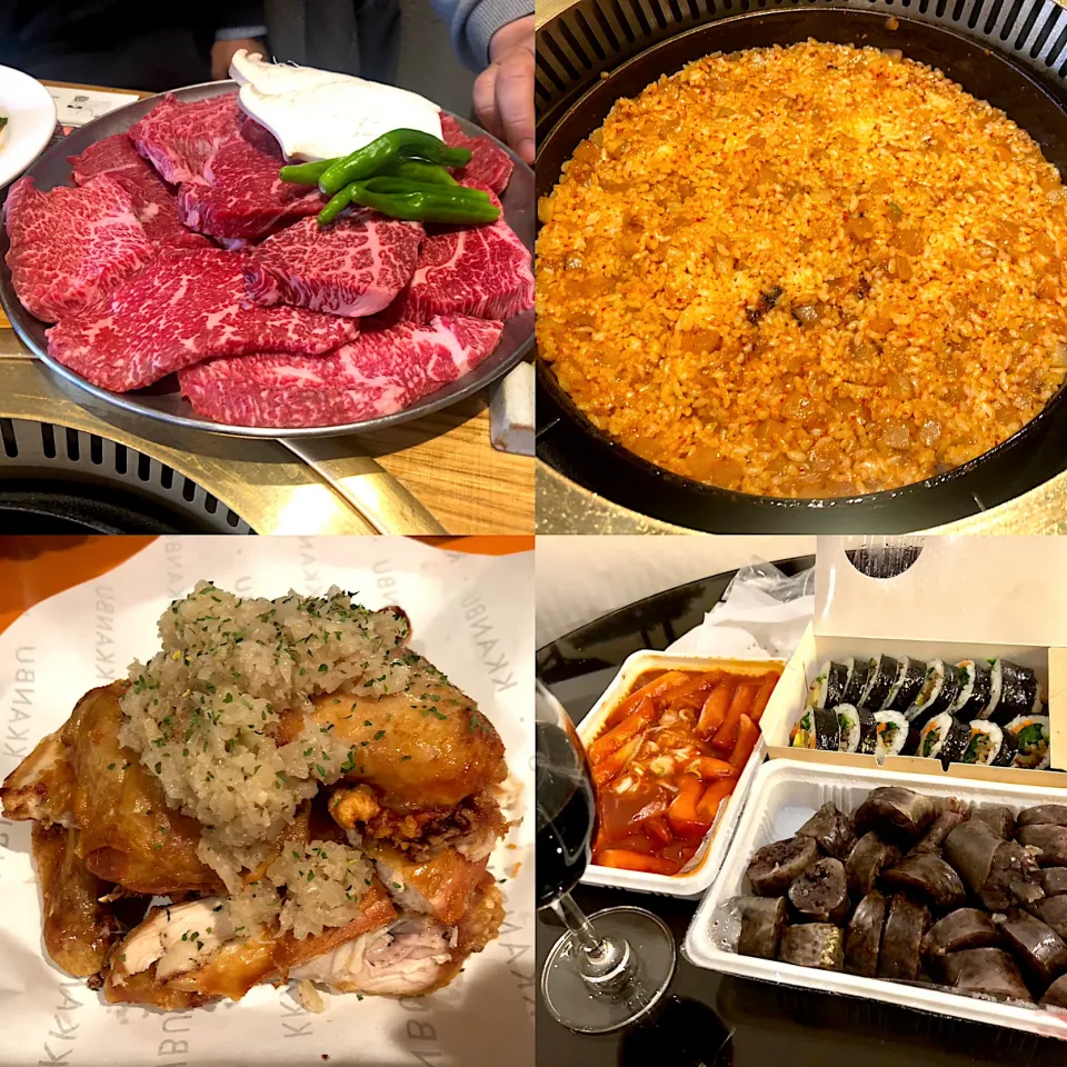 韓国出張　3日目🇰🇷  ランチは韓牛→カクテキ炒飯🐂　夜はお気に入りのカンブチキンを探して行ったのに、味が大分落ちてた…残念😩　なので一人前食べて外へ出る… このエリアは屋台が無いので海苔巻き、トッポッキ、スンデをデパ地下で買って部屋飲み🍷|BUBUさん