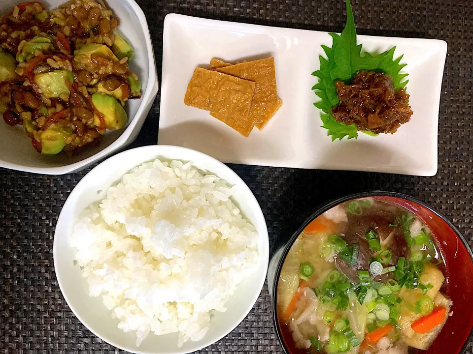 麹納豆にアボカド🥑とワサビ醤油。海苔をかけていただきましたが、最近のマイブームです。今日は豚汁にしました。|ナタママさん