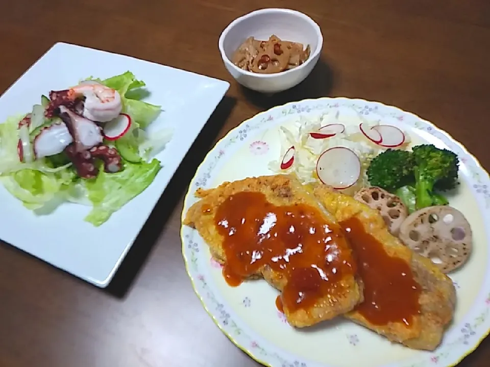 豚肉のピカタ
タコのカルパッチョ
蓮根のきんぴら|オプさん