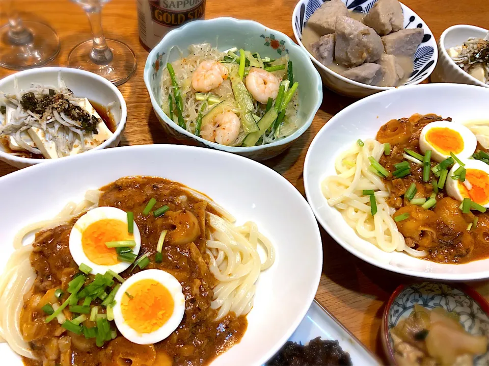 ジャージャー麺風うどん　海老と春雨の中華風炒め　湯豆腐の韮醬油しらす乗せ|じゅんさんさん