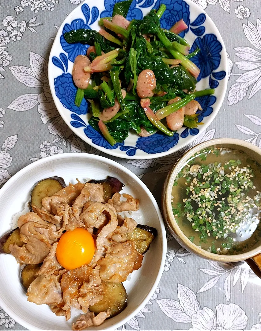 ぶた丼&ほうれん草炒め|きつねさん