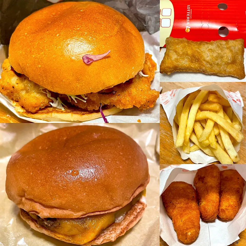 ファイヤーティラノチキンバーガー🍔　絶品チーズバーガー🍔🧀　ポテト🍟　チキンからあげっと　アップルパイ|るみおんさん