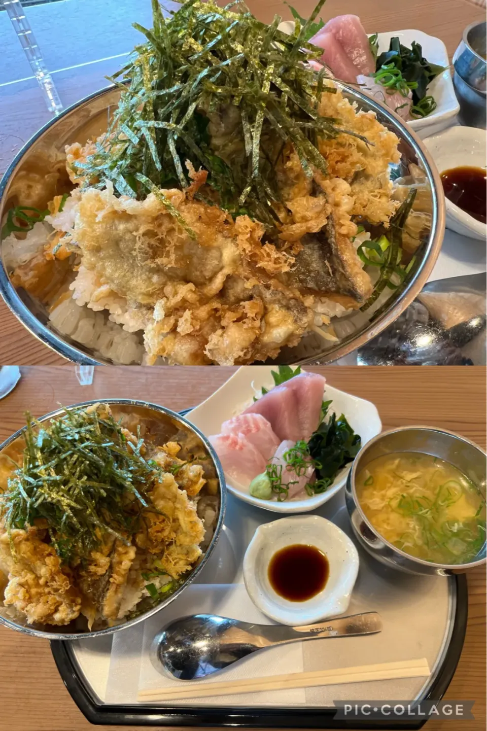 本日の出張ランチは、ミナカ小田原内、湘南どり　金のたまごで、地魚天丼を。刺身は特別メニューです。ここは湘南どりの親子丼が名物ですが、丼ものも美味しくいただきました。|sniper66さん