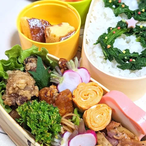 「ヤマサそうめん専科」を使ってみたSnapdishの料理・レシピ写真:本日のお弁当〜、唐揚げ＆ヤンニョムチキンクリスマスバージョン弁当〜クリスマス🎄