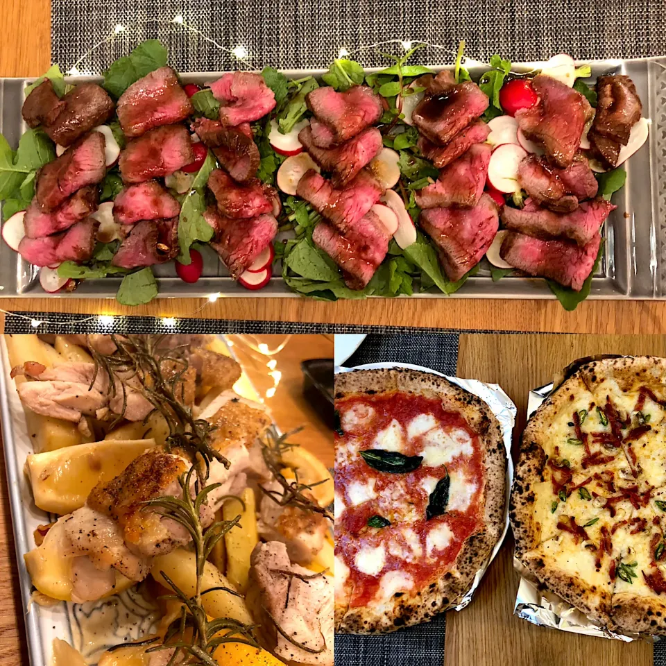 クリパ🎄🎅　旦那作ロービー🐂とローチキ🐔と買って来たピザ🍕で。食べて、飲んで、喋りまくる。　口が大忙しのクリスマスナイトでした。|BUBUさん