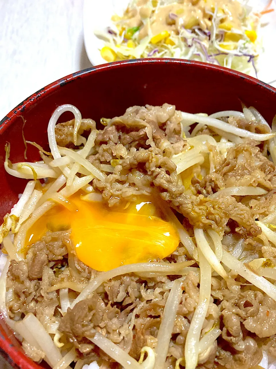 Snapdishの料理写真:もやし牛丼、サラダ|Ayaさん