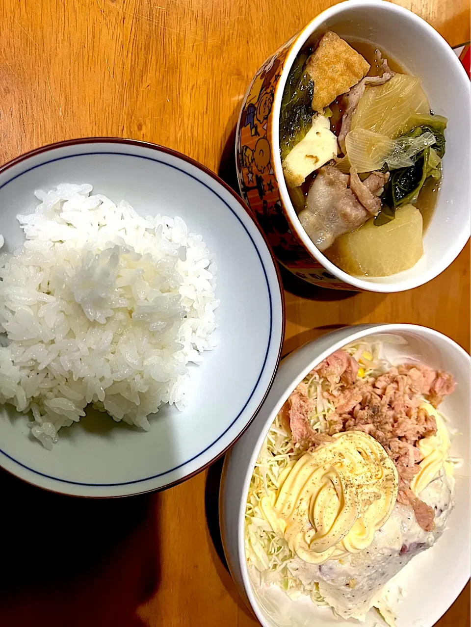 ここんとこ量は少なめで #夕飯　白米、野菜ポーク厚揚げ鍋ふう煮物、ポテサラツナサラダ|ms903さん