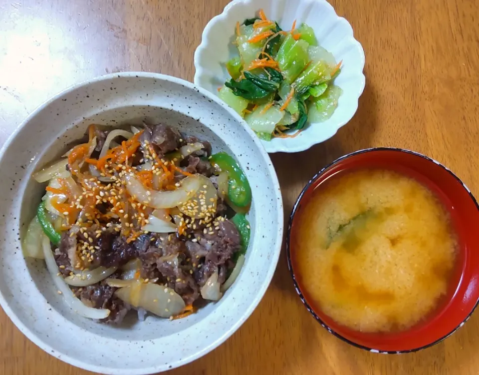 2022 1224　牛肉と野菜のプルコギ風丼　青梗菜のナムル　豆腐とわかめのお味噌汁|いもこ。さん