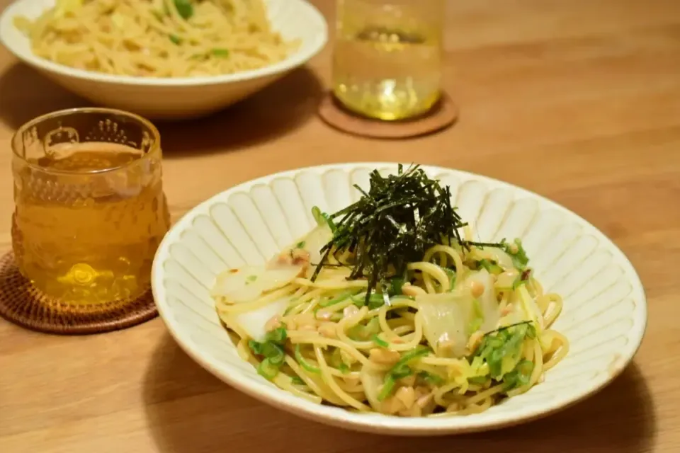 Snapdishの料理写真:納豆とネギの和風パスタ|うにんぱすさん