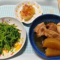 Snapdishの料理写真:豚の角煮、豆苗の炒め物、数の子|みゅうみゅうさん