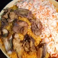 Nigerian jollof rice with salad and fried chicken|jennyさん