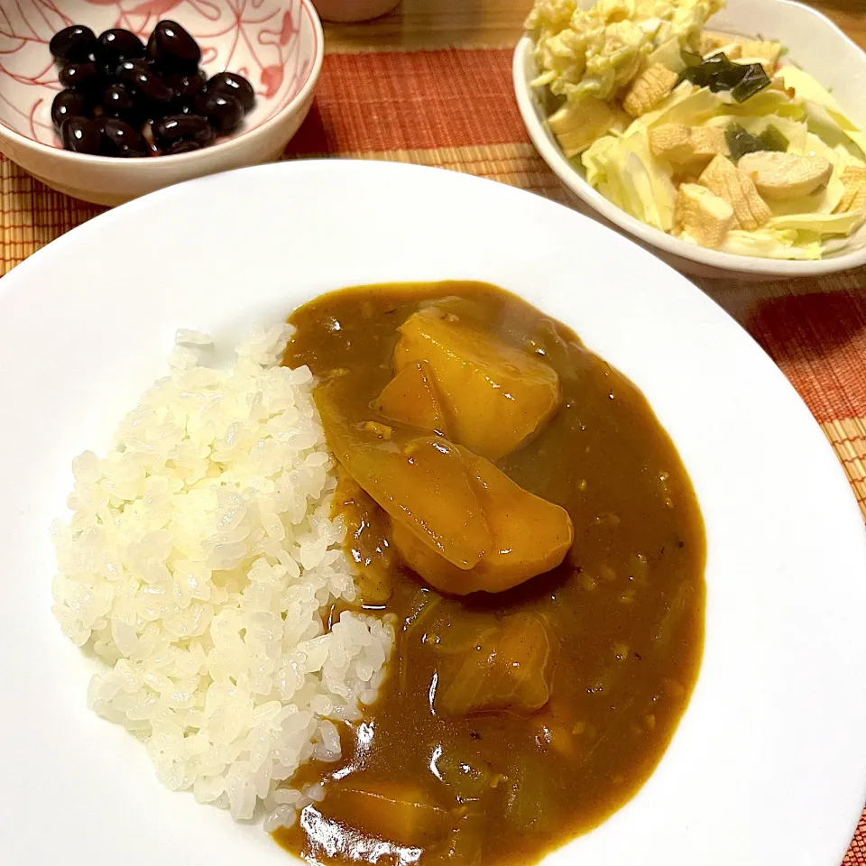 Snapdishの料理写真:2023/01/04 Kスペシャル 大豆ミートカレー、かずのこサラダ、黒豆煮|kykyさん