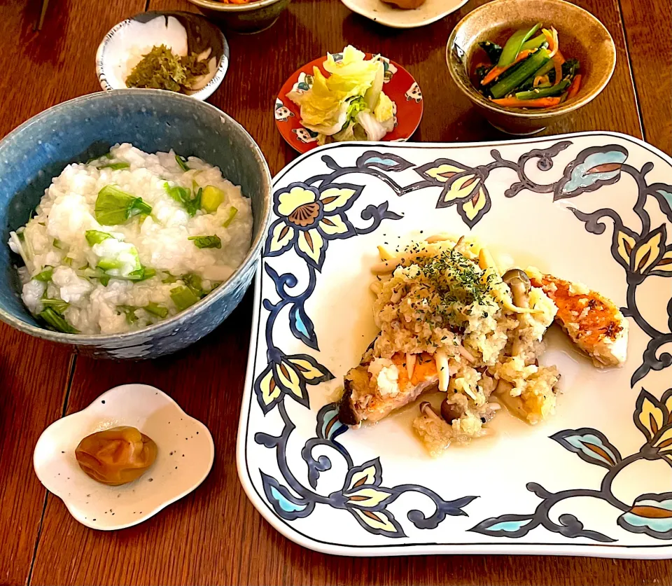 晩ごはん♯七草粥♯鮭としめじのみぞれ煮|小松菜さん