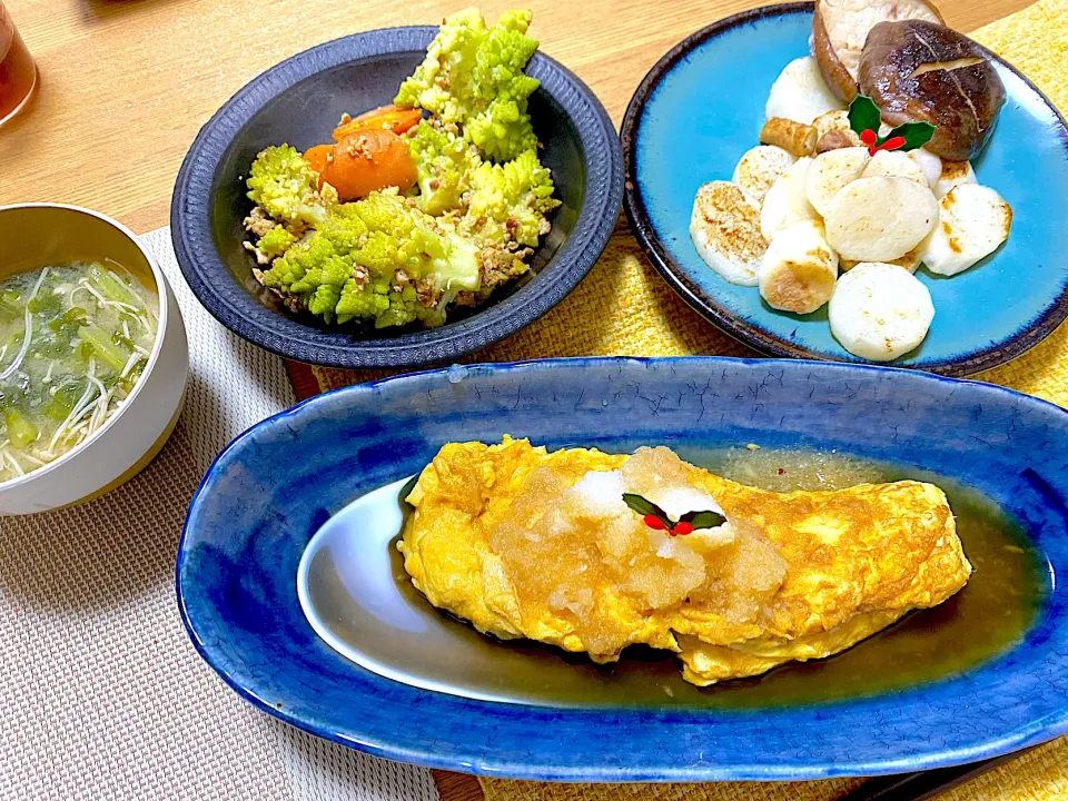 だし巻き卵、えのきの味噌汁、長芋と椎茸焼き|1614さん