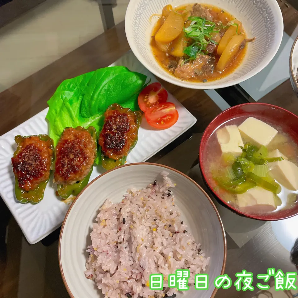 Snapdishの料理写真:日曜日の夜ご飯✨ピーマンの肉詰め|emahaさん