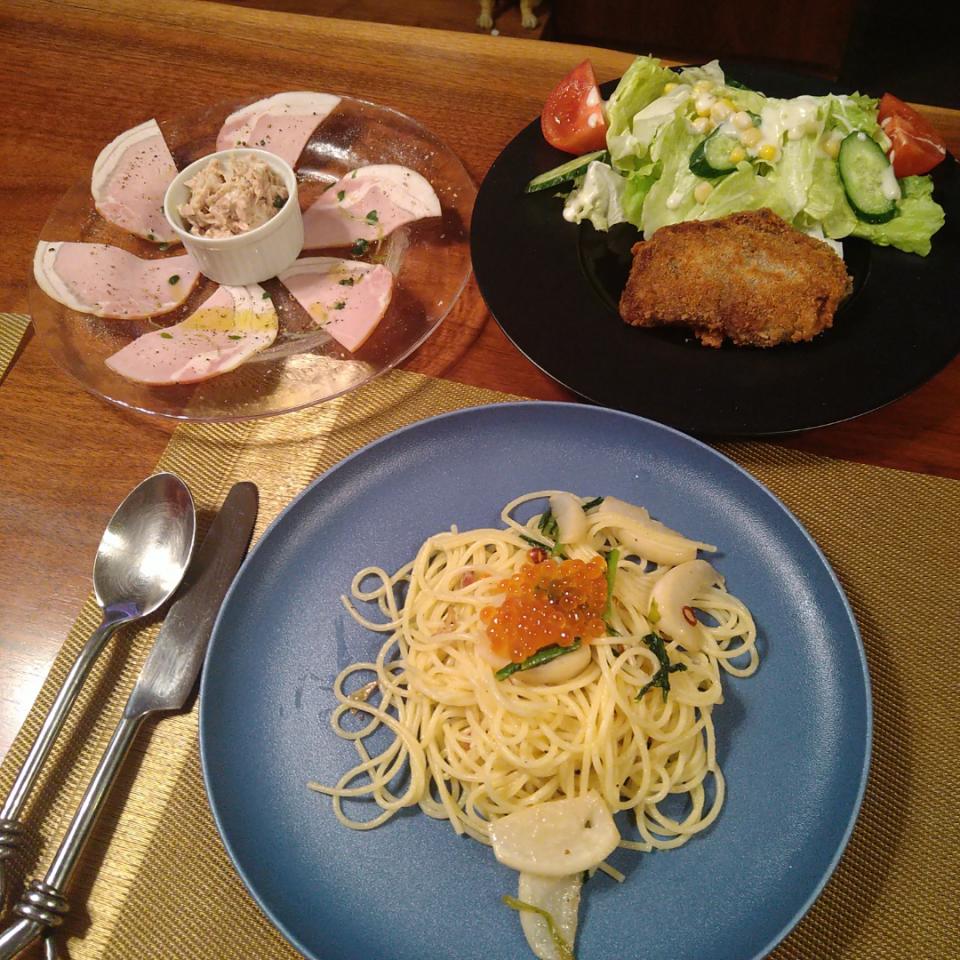 蕪とイクラのペペロンチーノ&ミラノ風カツレツ