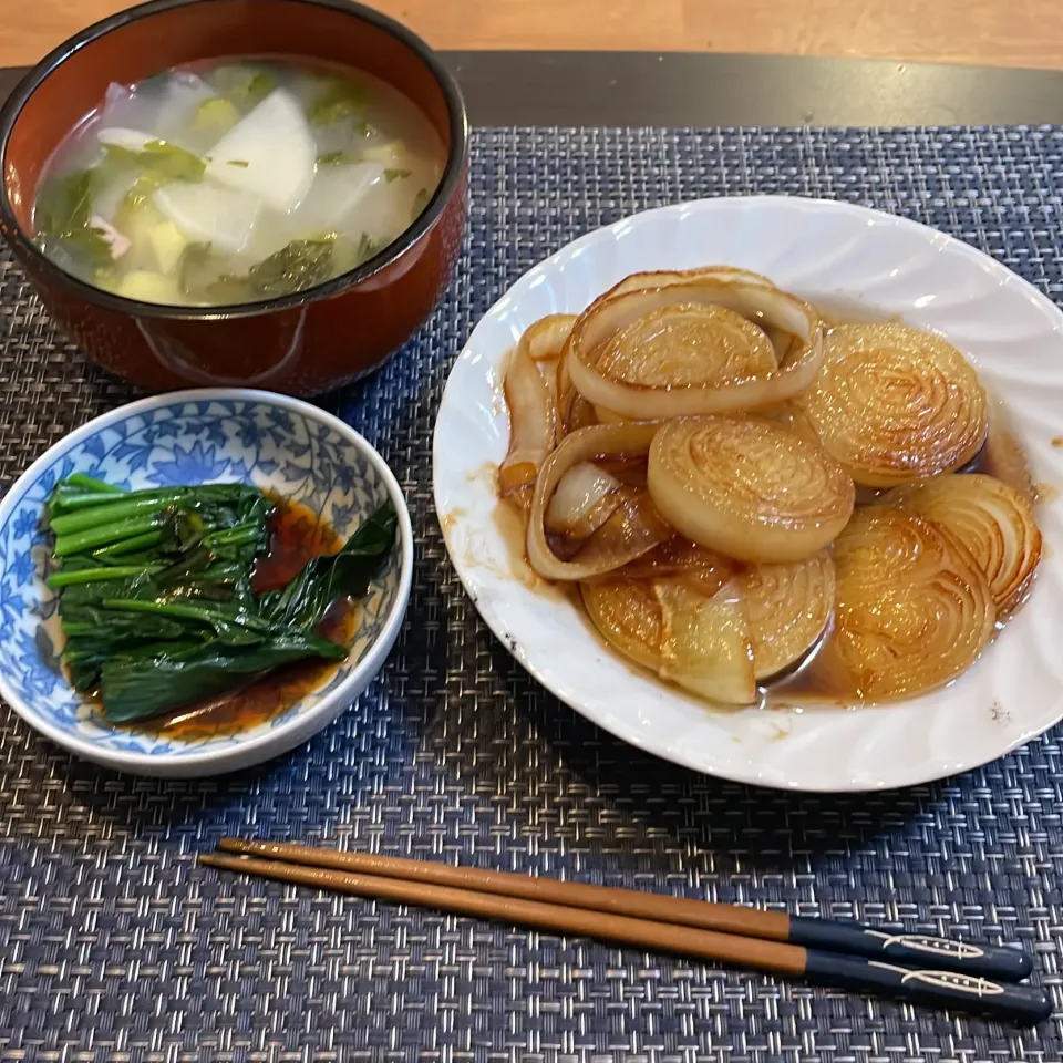 焼き玉葱・ほうれん草のお浸し・セロリのスープ|a-parkさん