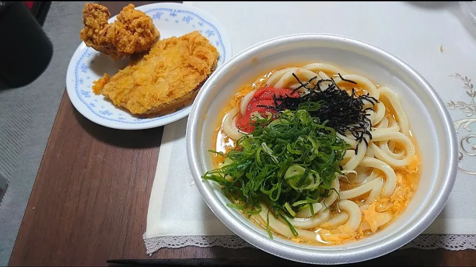 Snapdishの料理写真:明太たまごあんかけうどん(並)、かしわ天、さつまいも天＠丸亀製麺|273さん