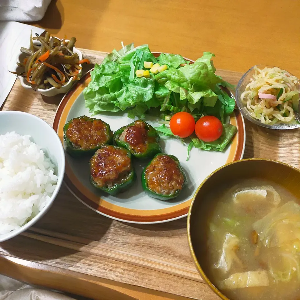 Snapdishの料理写真:ピーマンの肉詰め
きんぴらごぼう
切り干し大根の中華サラダ
なめこと白菜の味噌汁|羊さんさん