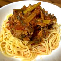 豚肉と大根菜のトマトパスタ