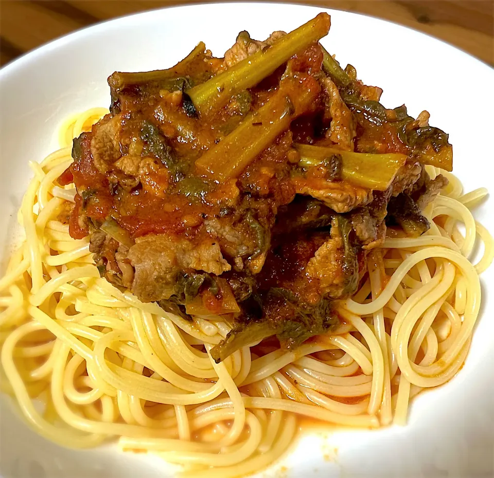 豚肉と大根菜のトマトパスタ|shibazakiさん