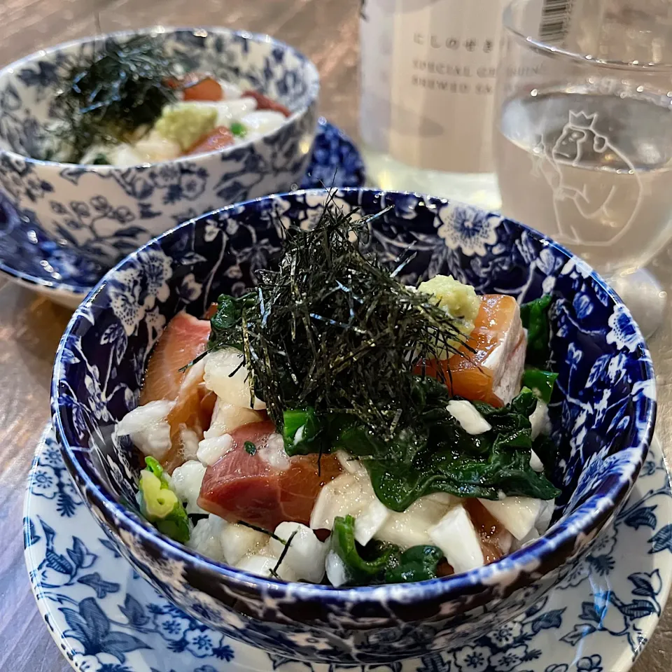 漬け鰤とちぢみほうれん草のたたき長芋和え|七海さん