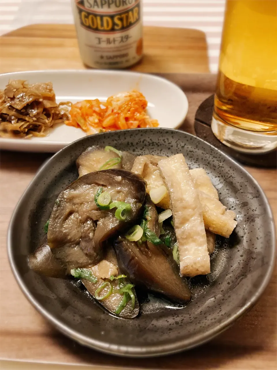 Snapdishの料理写真:茄子と薄揚げの煮浸し🍆蓮根とごぼうのきんぴらとキムチで🍻|gunlove❤さん