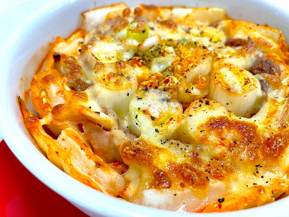 お餅と長ねぎのキムチーズ焼き