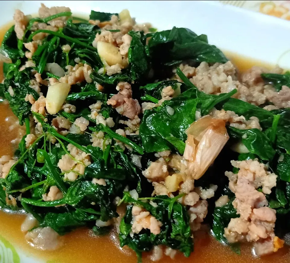 Stir Fried Minced Pork with Gourd Leaves|🌿Veerapan Mu🌿さん