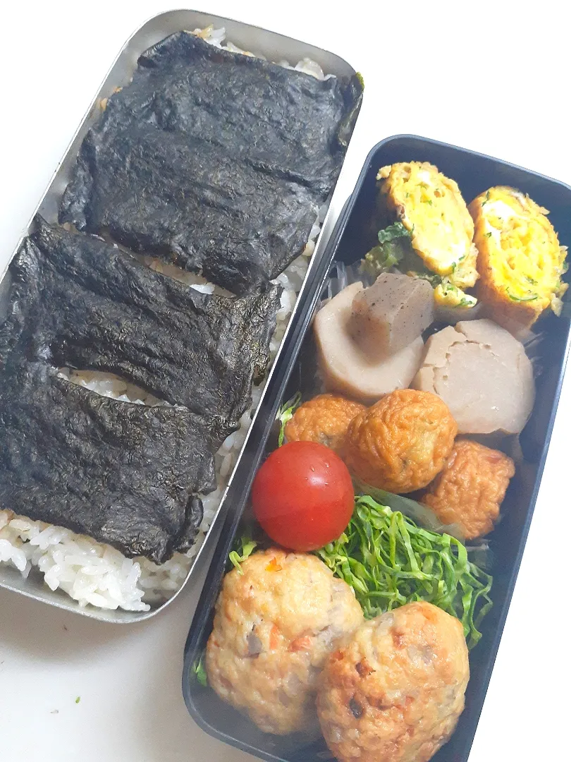 ☆中学生弁当☆玄米餅麦入り海苔弁、シラス葱卵焼き、里芋蒟蒻煮物、薩摩揚げ、キャベツ、ミニトマト、レンコン入りつくね|ｼｮｺﾗさん