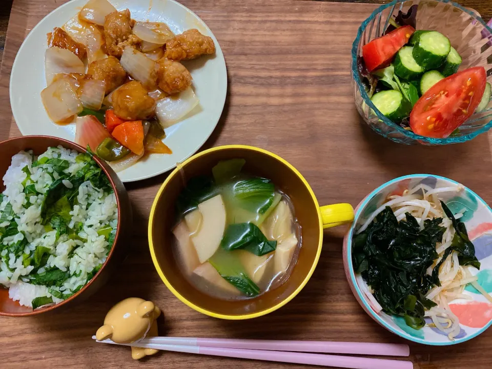 酢豚 サラダ 春雨スープ 小松菜ご飯 もやしとワカメの和え物|❦れなな❦さん