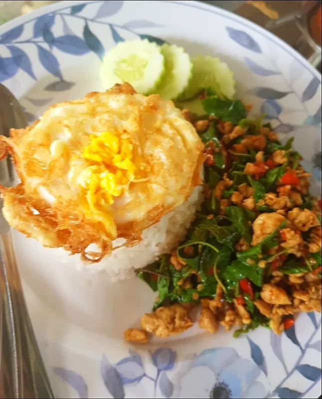 Snapdishの料理写真:chicken basil rice and fried egg🍛|patlovestocookさん