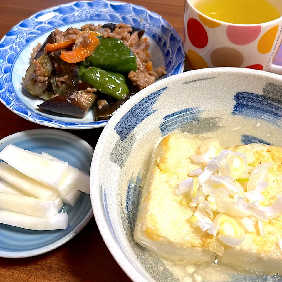 揚げ出し豆腐　ピーマンとナスの味噌炒め|こまめさん