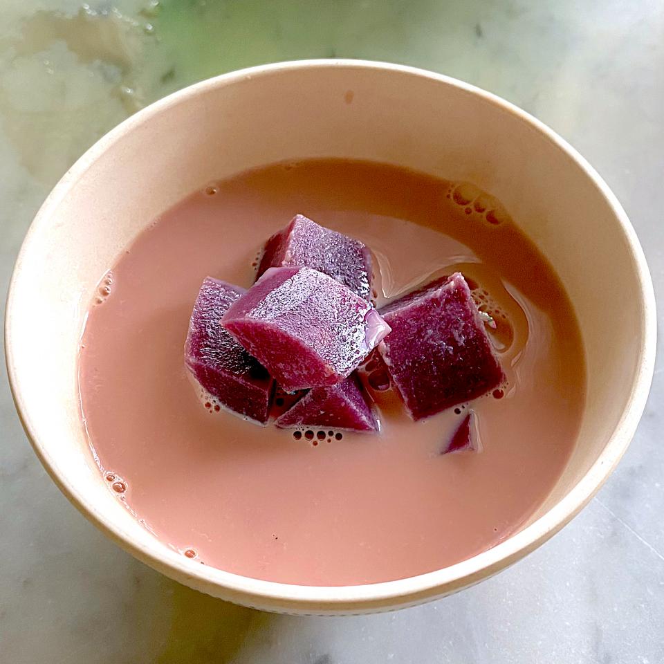 Sweet potatoes with milk and cinnamon. The color become purple and taste so nice. Enjoy chinese new year holiday in Yogyakarta, Indonesia