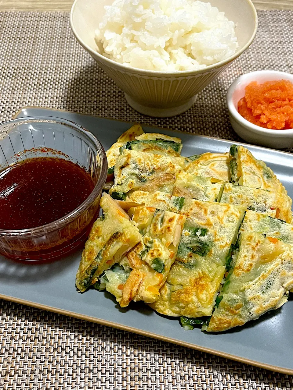 Snapdishの料理写真:今日の夜ごはん~チヂミと明太子ご飯~|ゆかｕさん